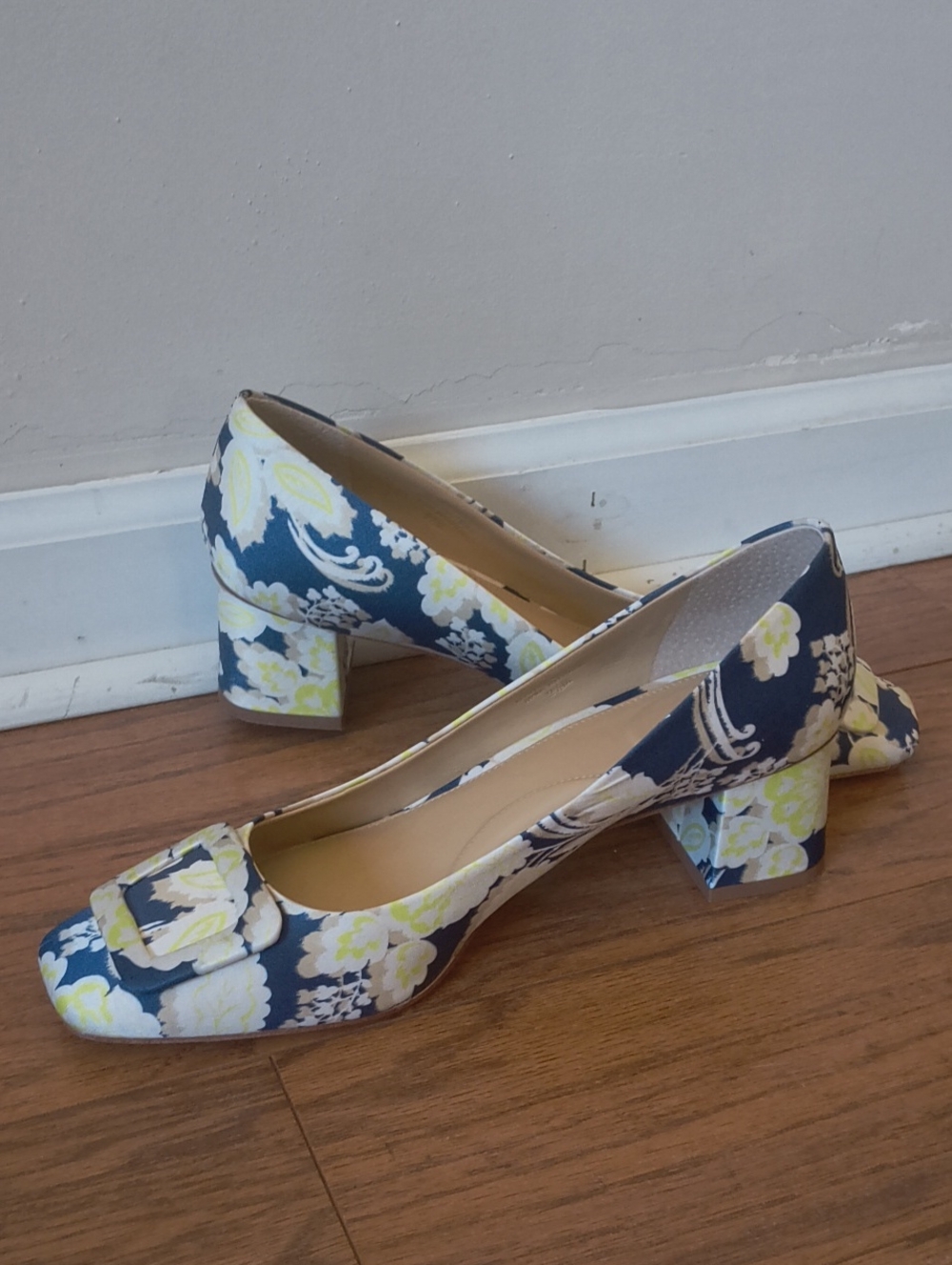Talbots Navy, White and Yellow Floral Block Heel Pumps